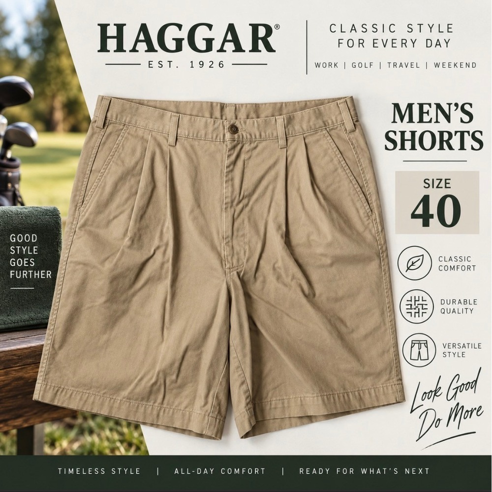 Haggar Men's Pleated Khaki Shorts Size 40 Tan Classic Chino Casual Golf Work